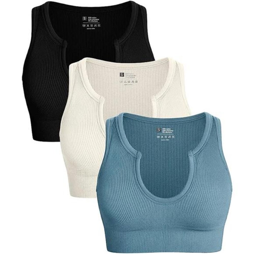 Women's 3 Piece Medium Support Crop Top Seamless Ribbed Removable Cups Workout